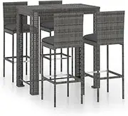 'vidaXL 5-Piece Outdoor Bar Set in Grey - Weather-Resistant Poly Rattan Structure with Powder-Coated Steel Frame - Includes Bar Table, Stools, and Cushions