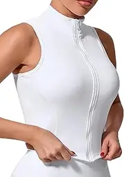[SEAUR] Sports Crop Top Women's Sleeveless Zip Tank Top Thin Stand-Up Collar Tight Top Slim Fit Quick Drying for Gym Fitness Workout S-L, White, M