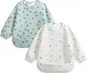 Little Dimsum Smock Bib,Long Sleeve Toddler Feeding Bib, Elastic Cuffs for Comfort, Large Catch-All Pocket, Waterproof Recycled Polyester - Durable Baby Smock Bib for Mealtime-Pack of 2 Colors