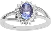[MOONEYE] Oval Tanzanite 925 Sterling Silver Ring Split Shank With White Topaz Cluster Ring