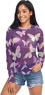 [ODAWA] Holographic Butterflies Purple Long Sleeve Sheer Blouse Sheer Mesh Tee Shirts Top for Women Girls