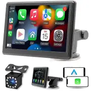 Portable Wireless Carplay Screen Dash Mount, 7 Inch Touch Screen Car Stereo Bluetooth, FM Car Radio, Rear Camera, USB Black