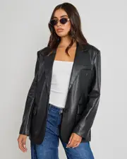 [Ava And Ever] Ava And Ever Women's Lenny Oversized Faux Leather Blazer in Black Size 10 10 Black