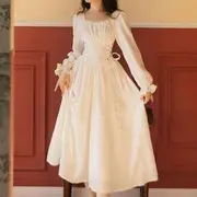 Long-Sleeve Lace-Up Midi A-Line Dress White - M