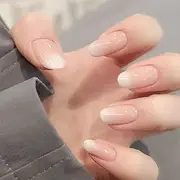 MouyouGlow Press on Nails Short Almond Light Pink Gradient White Fake Nails with Nail Glue, Baby Pink Ombre White Sweet INS Artificial Fingernails for Women and Girls