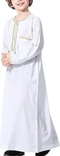 [HanzhuoLG] Muslim Arab Robe for Teen and Boys Thobe Thawb Caftan Middle Easten Dubai Long Sleeve Ethnic Print Robes White XL