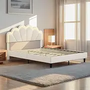Luxsuite Double Size Bed Frame with Elegant Flowers Headboard Metal Platform Wooden Mattress Base Bedroom Furniture Foundation White