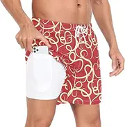 [GuoChe] Mens Short Swim Trunks Mens 2 Layer Workout Running Shorts Yellow Curves Valentine's Day Red with Compression Liner, Yellow Curves Valentine's Day Red, Medium