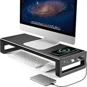 Wireless Charging and USB 3.0 Monitor Stand, Monitor Riser for Desk with Storage, Single Shelf Holder Raiser Organizer for Computer iMac Laptop PC Screen, Heavy Duty Gift Gaming Studio Office