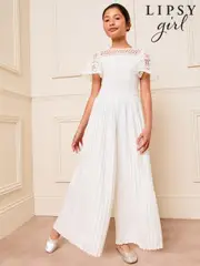 Lipsy White Flutter Sleeve Lace Occasion Jumpsuit (5-16yrs) (B11127) | $119 - $138