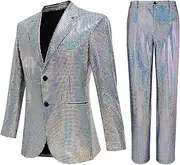 [Nawgut] Sequin Blazer Metallic Slim Suit 2 Piece Set Disco Prom Shiny Outfit Wedding Party Banquet Fashion Jacket Pant