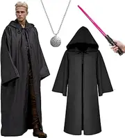 Moerstar Hooded Cloak Robe Jedi Adult, Jedi Hooded Cape Costume Set with Accessories and Necklace Wizard Master Knight Robe Costume Cosplay for Halloween Masquerade Balls