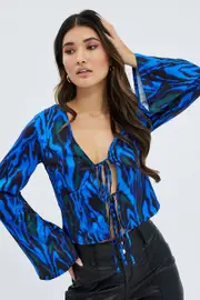Blue Abstract Top Long Sleeve V-Neck Tie Front - Size 12, Women's Top