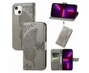 J28 Flip Phone Case Butterfly Flower Embossed Shockproof Phone Case for iPhone 14 Plus 6.7 inch