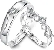 [Eyixvan] 2pcs Promise Rings for Couples, 925 Sterling Silver Plated White CZ Rhinestone Halo Diamond Cut Adjustable Matching Rings for Couples, Rhinestone, Rhinestone