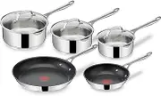 Tefal Jamie Oliver Cook's Direct, 5 Pieces Non-Stick Stainless Steel Pots & Pans Set, 16&18&20cm Saucepans with lids, 20&28 cm Frying Pans, Induction Hob Compatible, E304S544