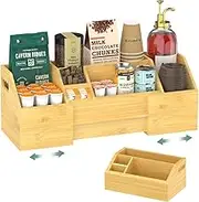 EsLuker.ly Coffee Station Organizer Countertop, Bamboo Extendable Coffee Bar Caddy Condiment Storage, Pods Holder for Home Office, Kitchen Area Nook for Accessories Organizer