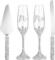 Sratte 4 Pcs Wedding Cake Knife and Champagne Flutes Server Set, Toasting Crystal Rhinestone Champagne Flutes Glasses Cake Knife Pie Server Wedding Gifts for Couple Bride Groom (Silver,Elegant)