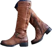 [Lausiuoe] Boots For Women Low Heel Mid Calf Platform Chunky Round-Toe Side Zip Wide Calf Western Winter Non Slip Outdoor Shoes