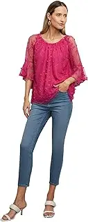 [LIZ JORDAN] Womens - Summer - Tops - Pink - Basic - Rasberry Rose - Embroidered - Elbow Sleeve - Casual Fashion Apparel - Work Clothes - Office Wear