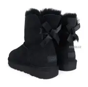 UGG Mini Bailey Bow II Black Suede Fur Boots Womens Size 11 -NIB-