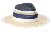 Badgley Mischka Collection Hat Straw Tan, White, Blue New with Tag Adjustable