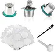 3 Pieces Stainless Steel Reusable Coffee Capsules with 60 Pieces Aluminium Film Lids Refillable Cup Coffee Filter Compatible with Nespresso Original Machines Part of The Series Durable