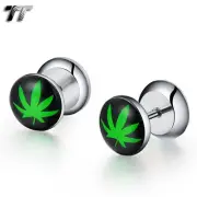 TT Clear Epoxy Green Pot Leaf Logo Surgical Steel Fake Ear Plug Earrings (BP01)