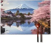 Placemats Set of 6 Non Slip Heat Resistant Table Mats Waterproof Washable Mount Fuji Cherry Blossom Trees Place Mats for Kitchen Dining Table Party