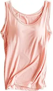 [FOURSTEEDS] Womens Modal Built in Bra Adjustable Spaghetti Straps V-Neck Solid Color Cami Tunic Pajama Tank Tops