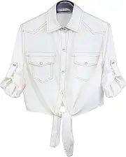 [AMEBELLE] Women's Roll Up 3/4 Sleeve Tie Front Knot Shirt Chambray Denim Crop Top