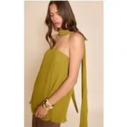 Olive Chiffon Bandeau Neck Scarf Detail Long Top, Sage