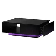 Oikiture Coffee Table LED Light High Gloss Storage Drawer Modern Furniture Black