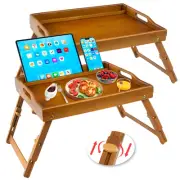 2 Pack Bed Tray Table with Handles Folding Legs, Bamboo Breakfast Food Tray w...