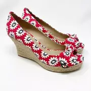 NEW Tory Burch Women's Dory 85MM Peep Toe Espadrille Wedges Red Floral NIB