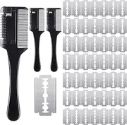 3 Pcs Pet Grooming Razor Comb with 50 Replacement Blades - Double Sided Hair Trimmer, Cutter and Scissors Tool for Dogs and Cats, Black