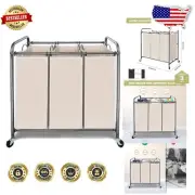 Mobile Laundry Hamper with 3 Sections & Eco-Friendly Bags - Classic Beige Beauty