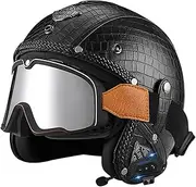 Retro Open Face Motorbike Helmet with Bluetooth Jet Leather Helmet with Personalized Goggles 3/4 Motorcycle Half Cover Helmet ECE Approved Adult Men and Women Crash Helmet