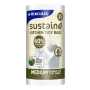 25pc Hercules Sustain Kitchen 27L Tidy Bags Medium Plant Based Garbage/Bin White