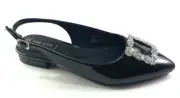 Anne Klein Kith Black Patent Pointed Toe Buckle Decor Flat Slingback