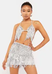 Silver It's Giving Glam Sequin Fringe Set