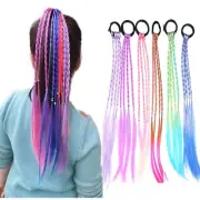 6Pcs Kids Girls Hair Extension Colorful Braided Wigs Ponytail Headbands Rubber