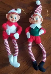 2 VINTAGE 12" CHRISTMAS ELF PIXIE DOLLS POSABLE ORNAMENTS