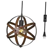 Plug in Pendant Hanging Light, Wood Grain Industrial Style Metal Globe Bronze