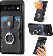 Compatible with Google Pixel 6a Magnetic Bracket Case,Compatible with Google Pixel 6a (PC+TPU+PU) 3 in 1 Card Slots Kickstand Phone Cover Black