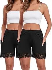 H HIAMIGOS Slip Shorts for Under Dresses Bloomers for Women Lace Trim Pettipants with Pockets Satin Slip Shorts