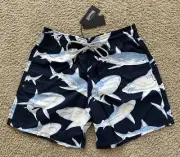 NWT 100% Authentic Vilebrequin MOOREA Swim Trunks-SHARKS- M -BLUE - MEN - MEDIUM