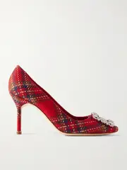 [Manolo Blahnik] Manolo Blahnik - Hangisi 90 Crystal-embellished Checked Wool Pumps - Red - IT40 IT 40 Red