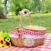Vintage Picnic Basket Oval Storage Basket Double Lid Outdoor Basket Holder Bag