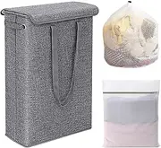 [Oungy] Foldable Laundry Basket Grey with Lid, 45 L Laundry Basket Narrow and High, Laundry Hamper Slim with Handle, Laundry Hamper Small with 2 Pieces Laundry Bag for Bathroom and Bedroom, 60 x 39 x 19